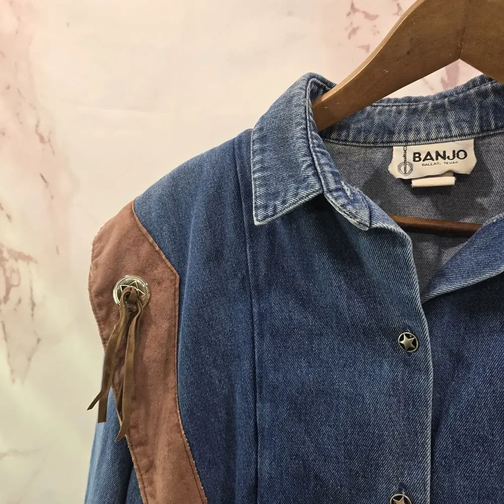 Vintage Southwestern Jacket Womens Large Jean 80s Y2K Concho Suede Leather Boxy - Picture 2 of 12